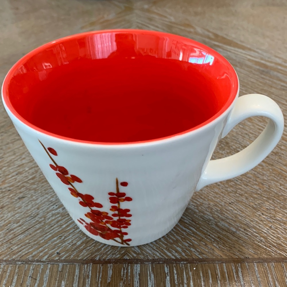 Starbucks Coffee 2008 Mug Cup White Red Cherry Blossom Flowers Floral 12 Oz